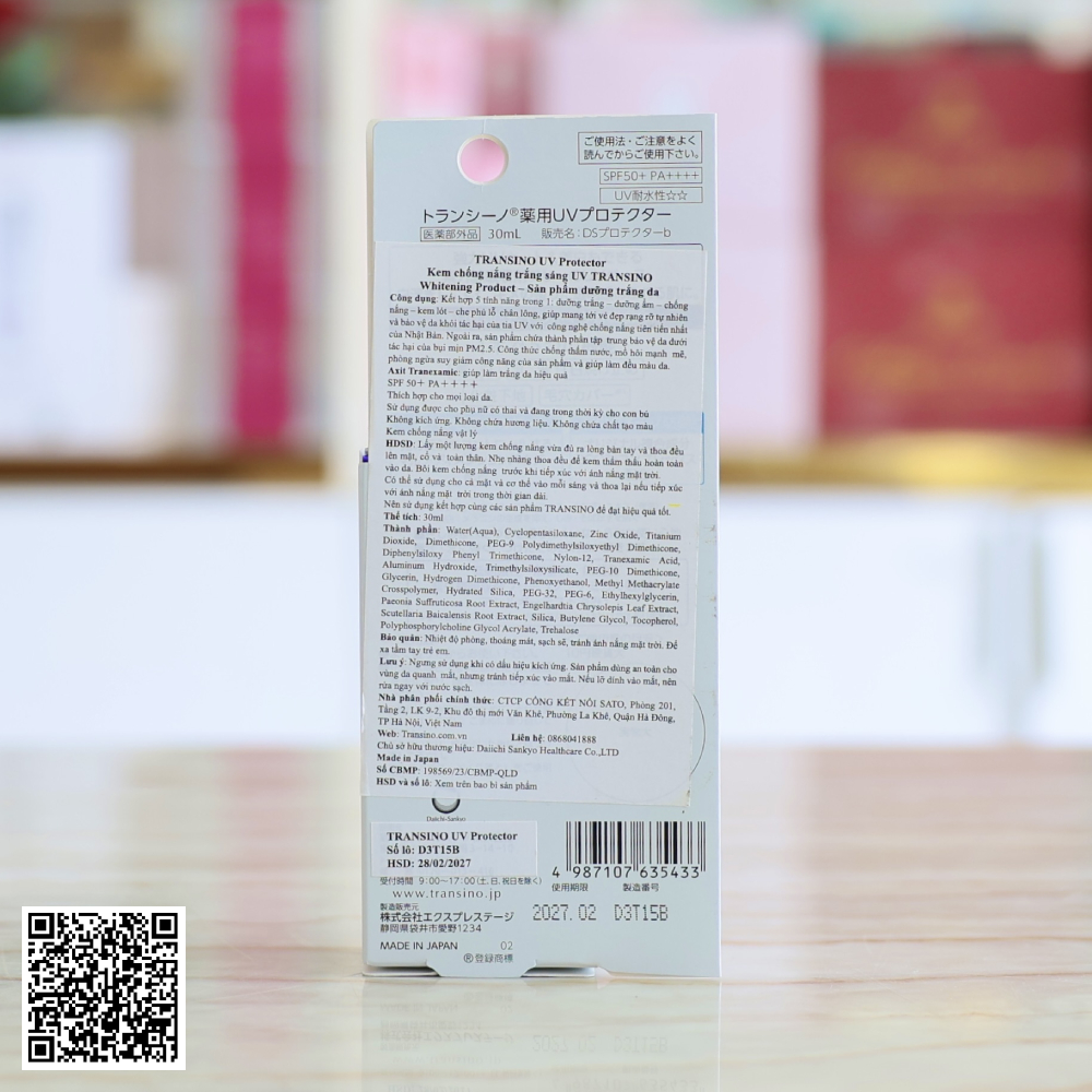Kem Chống Nắng Hỗ Trợ Dưỡng Trắng, Dưỡng Ẩm Transino Whitening UV Protector Từ Nhật Bản 30ml