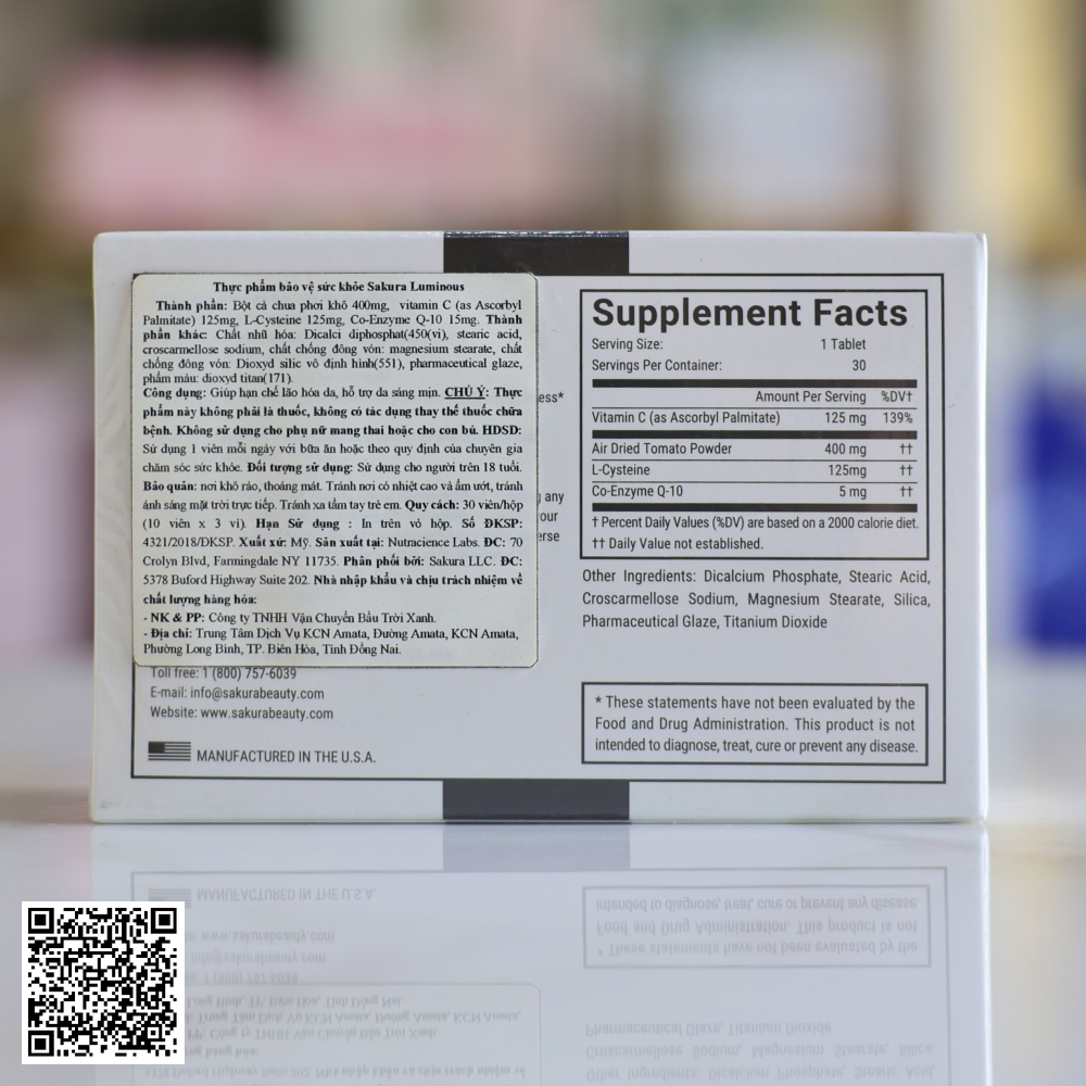 Viên Uống Cà Chua Trắng Luminous Sakura Trắng Da,Mờ Nám Nhật Bản Hộp 30 Viên 