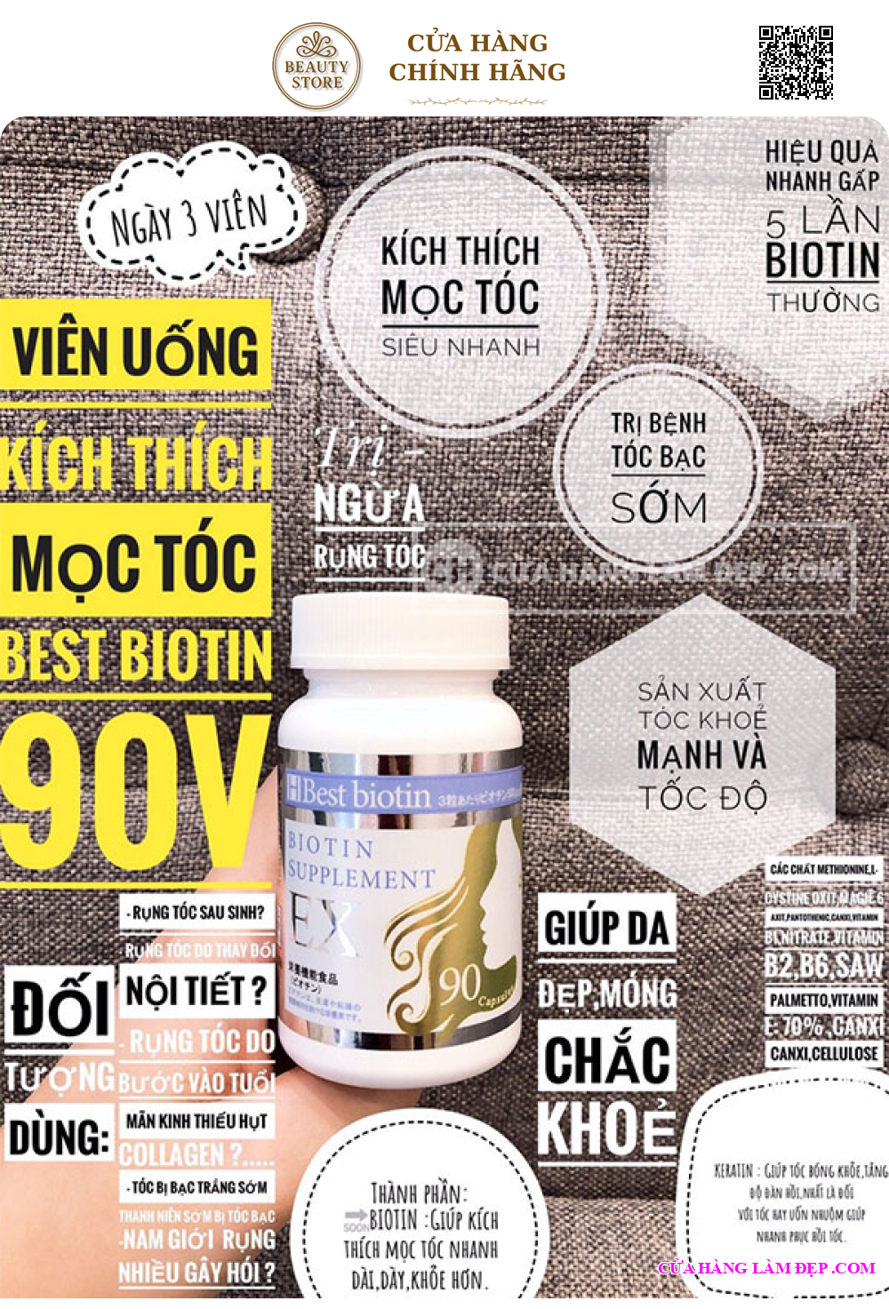 Viên Uống Mọc Tóc Best Biotin Supplement EX 90 Viên Nhật Bản