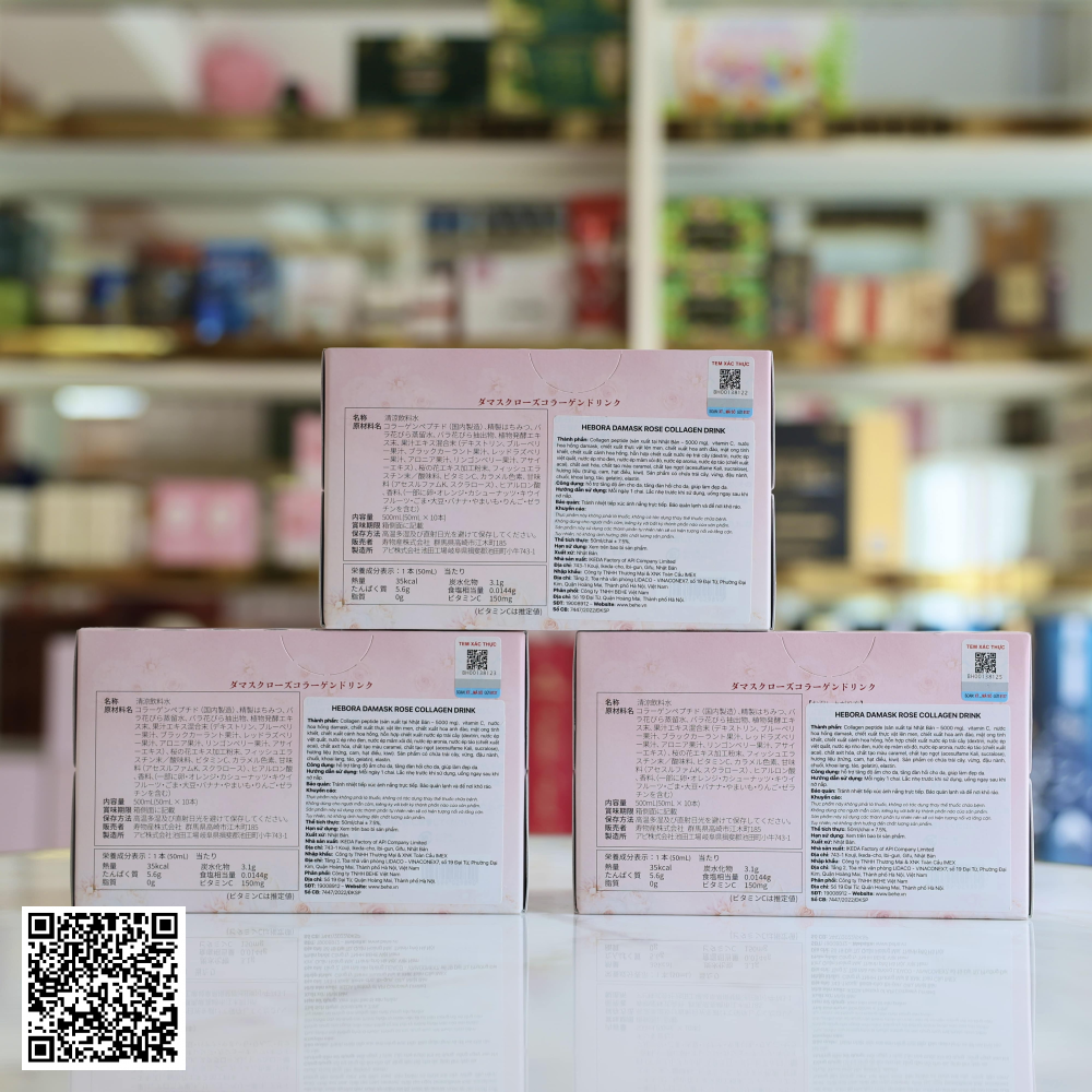 Nước Uống Hebora Damask Rose Collagen Drink Từ Nhật Bản 50ml x 10 Chai x 3 Hộp