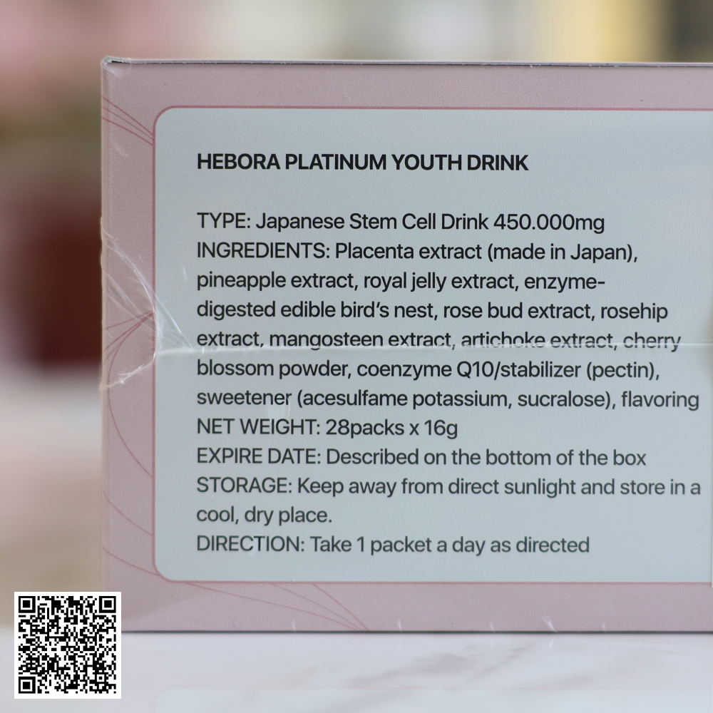 Nước Uống Nhau Thai Hebora Youth Drink Platinum Đẹp Da Tế Bào Từ Nhật Bản Hộp 16ml x 28 Gói