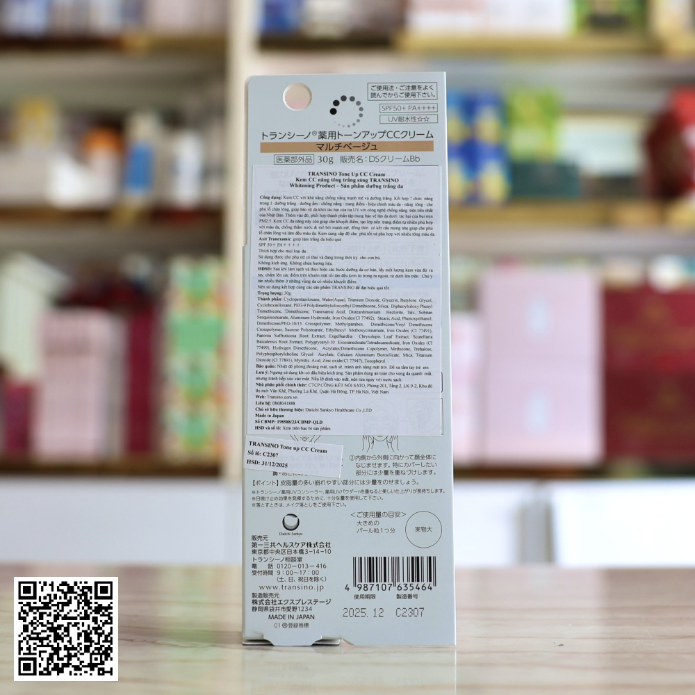 Kem Chống Nắng Nâng Tông Transino Tone Up CC Cream SPF50+ PA++++ Từ Nhật Bản 30g