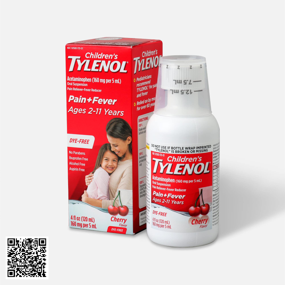 Siro ,  Cho Trẻ 2-11 Tuổi Children’s Tylenol Pain Fever Vị Cherry Từ Mỹ 120ml