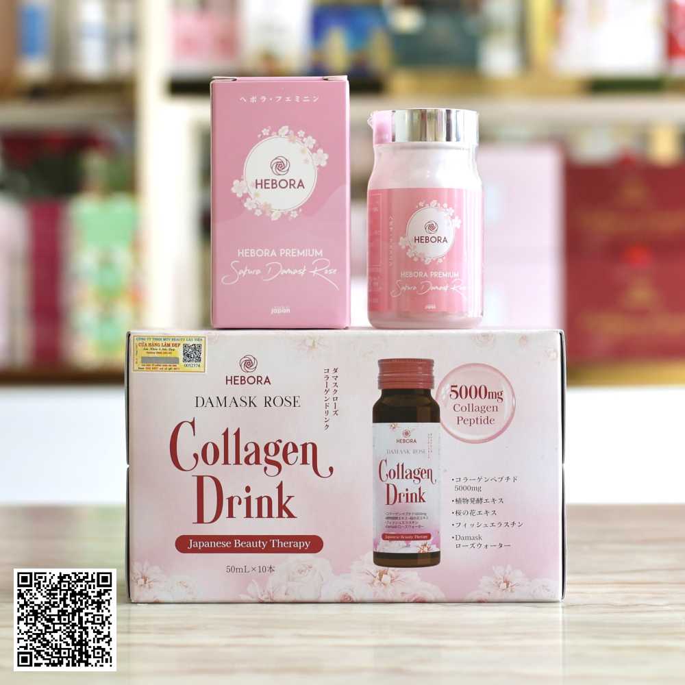 Bộ Đôi Hebora Trẻ Hoá, Ngát Hương Hebora Premium Sakura Damask Rose & Hebora Damask Rose Collagen Drink 2 Món Từ Nhật Bản