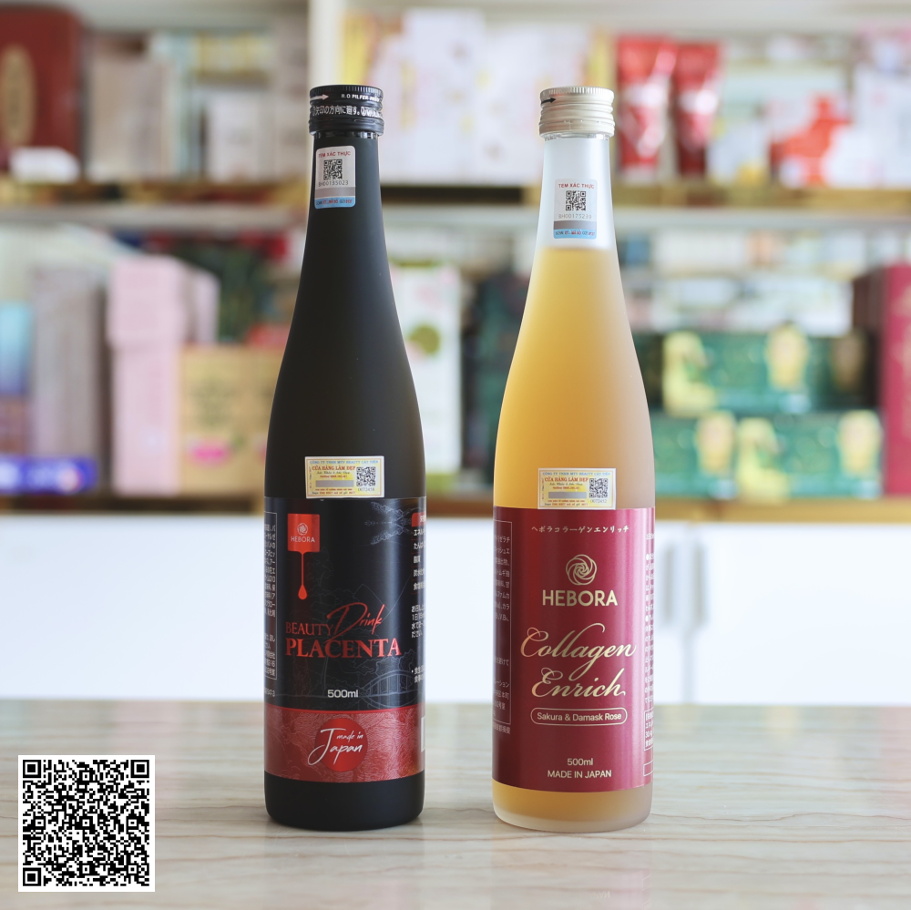 Bộ Hebora Nước Uống Nhau Thai Beauty Drink Placenta & Nước Uống Collagen Enrich  Phục Hồi, Trẻ Hoá, Bảo Vệ Từ Cấp Độ Tế Bào Từ Nhật Bản 2 Chai 500ml