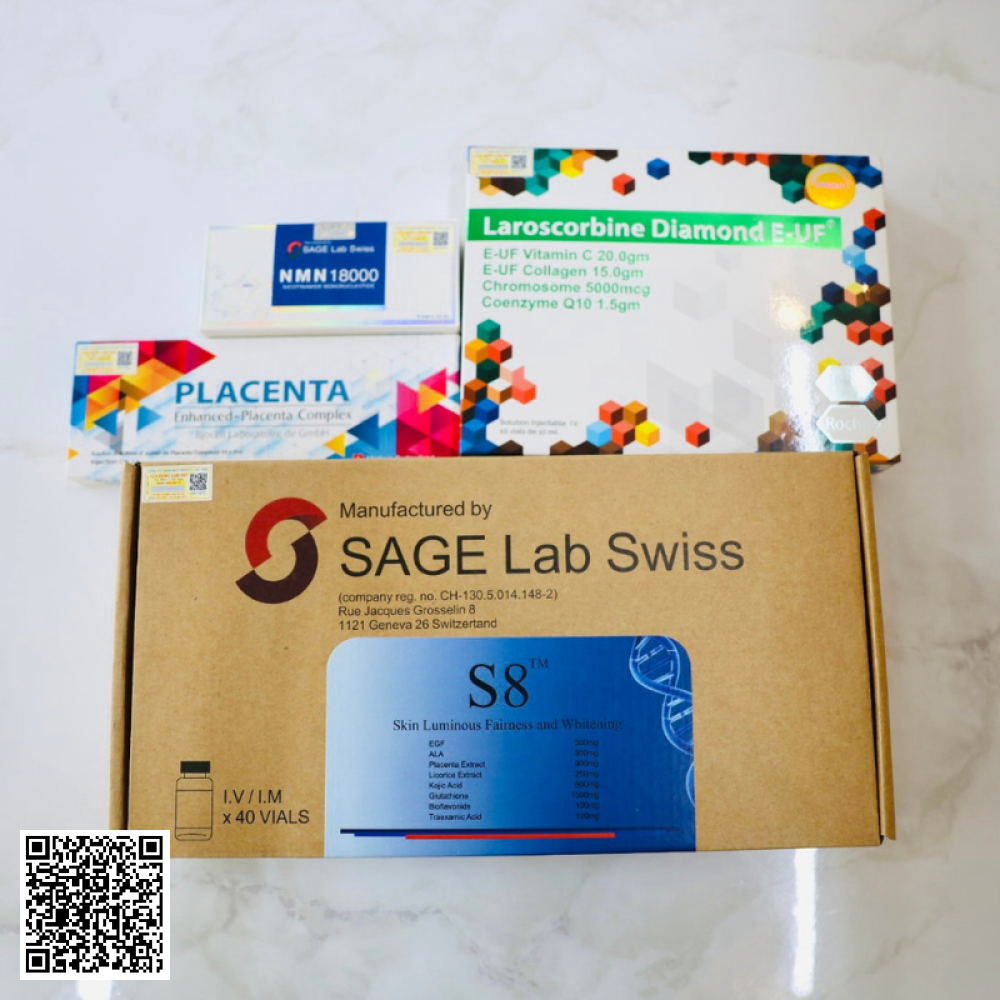 Truyền Trắng Da S8 SAGE Lab Swiss + Laroscorbine Diamond E-UF + Placenta Complex + SAGE Lab Swiss NAD NMN 18000 