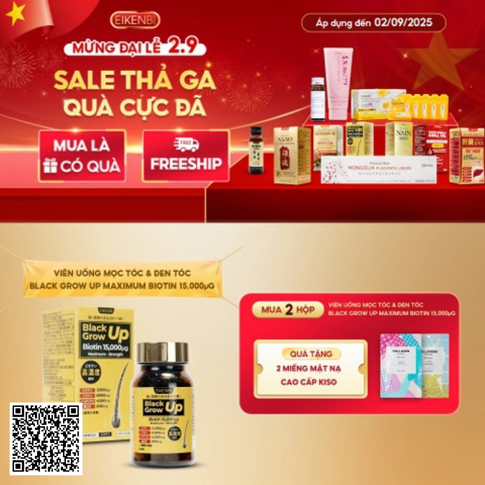 Viên Uống Mọc Tóc & Đen Tóc Black Grow Up Maximum Biotin 15,000µg Eikenbi từ Nhật Bản hộp 60 viên