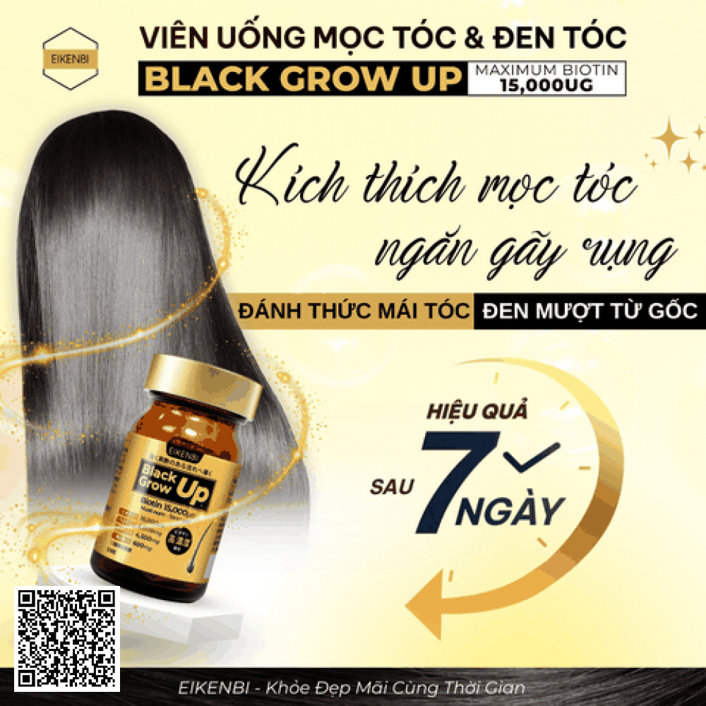 Viên Uống Mọc Tóc & Đen Tóc Black Grow Up Maximum Biotin 15,000µg Eikenbi từ Nhật Bản hộp 60 viên