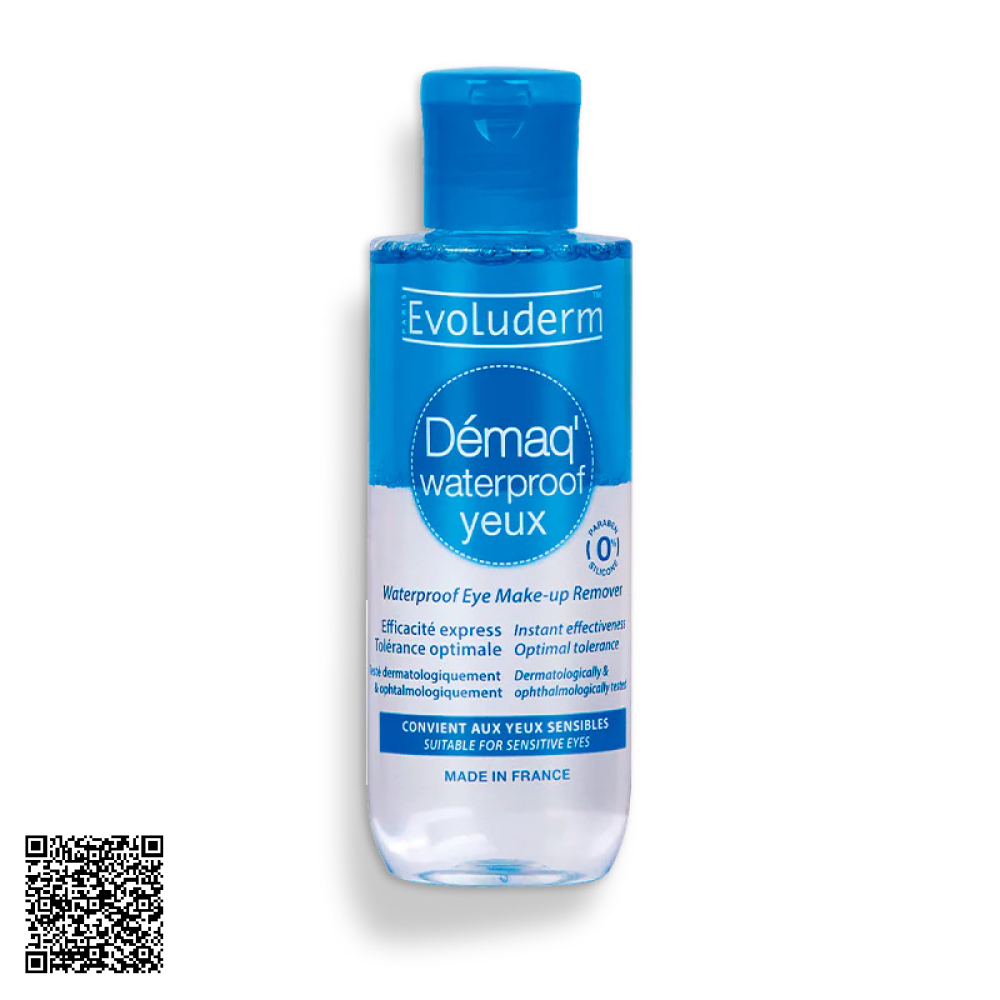 Nước Tẩy Trang Evoluderm Demaq Waterproof Yeux Mắt Môi Tác Động Kép 150ml từ Pháp (Loại mới 2 lớp tẩy siêu sạch + mềm da)