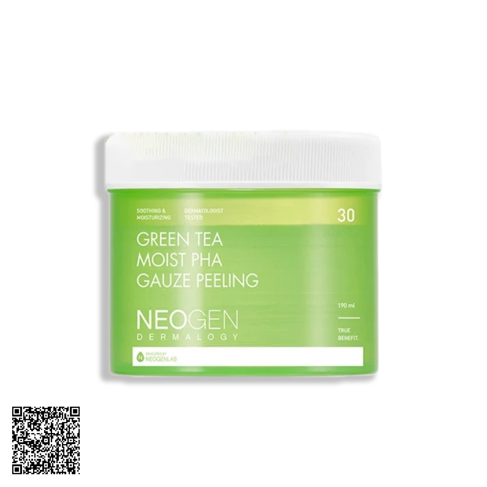Toner Pad Neogen Dermalogy Green Tea Moist PHA Gauze Peeling Tẩy Tế Bào Chết Trà Xanh Làm Dịu và Phục Hồi Da Dầu Mụn 30 Miếng từ Hàn Quốc